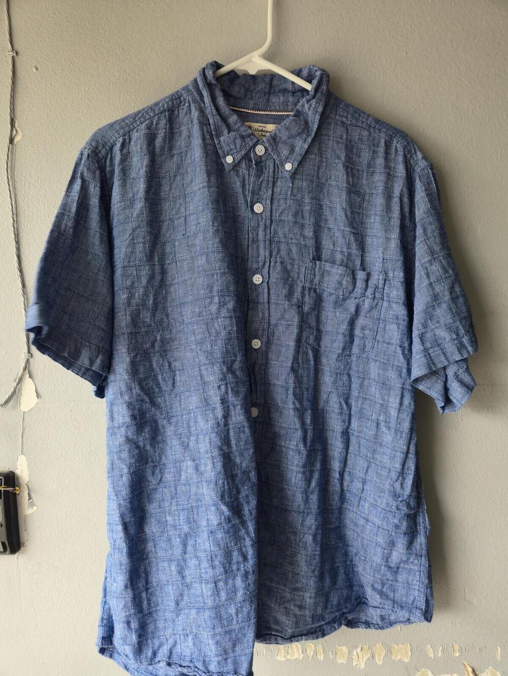 Weatherproof Vintage Washable Linen Blue Short Sleeve Shirt XL